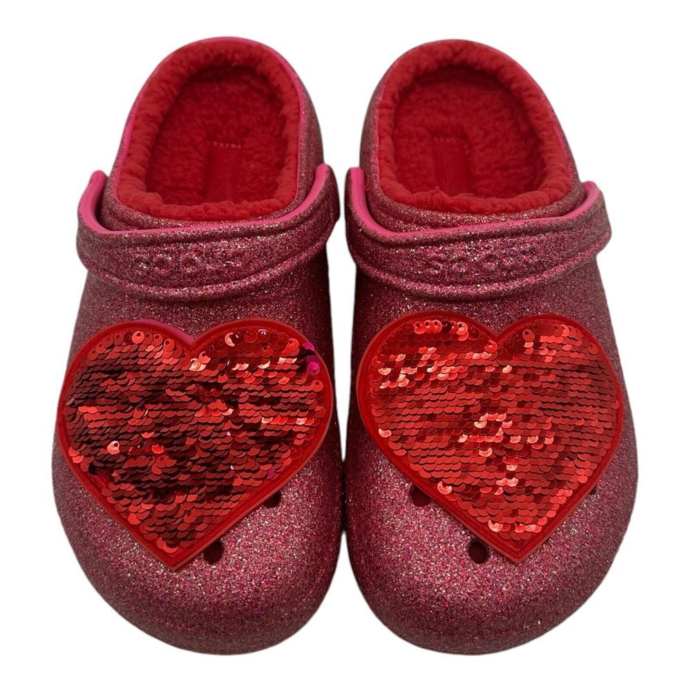 CROCS Classic Lined Pink Glitter Heart Clog Valentine's Day Sequin Womens Size 8 - Picture 5 of 9